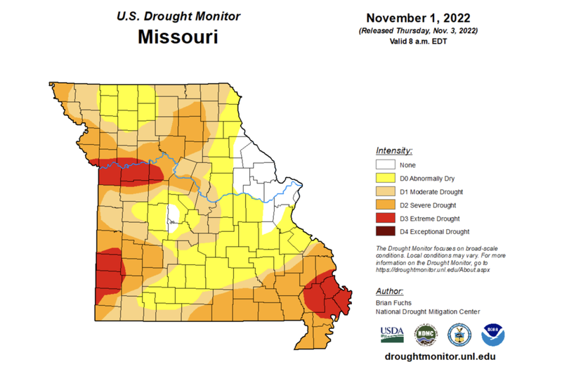 A map labeled "U.S. Drought Monitor Missouri." A legend is labeled "Intensity" and ranges from yellow (D0 Abnormally Dry) to dark red (D4 Exceptional Drought), with white indicating "none." A caption includes a link for more information on the drought monitor.