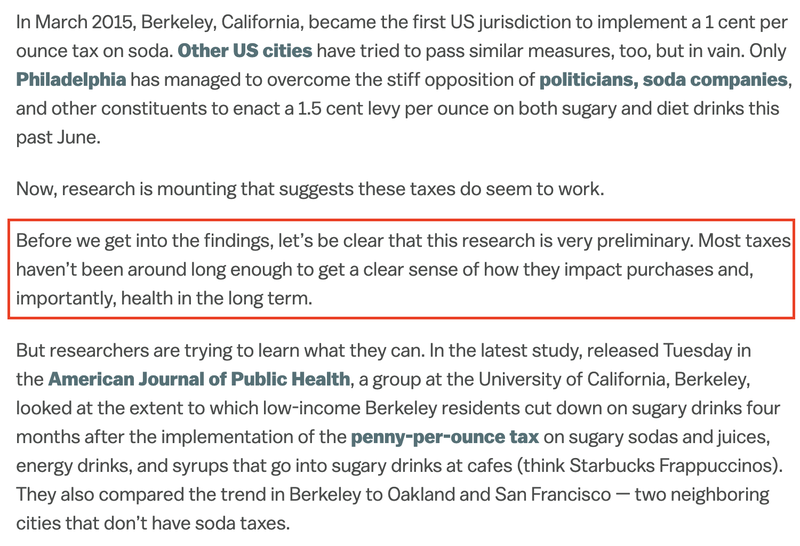 Article which begins by describing soda taxes. The second paragraph is circled and notes the preliminary nature of the research. The next paragraph goes on to describe a specific research study.