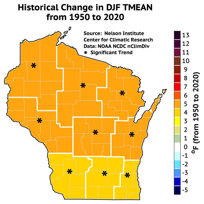 A map of Wisconsin titled "Historical Change in DJF TMEAN from 1950 to 2020," citing NOAA as the data source. A color key is labeled "degrees Fahrenheit (from 1950 to 2020)." The colors used to shade the regions correspond to 4 and 5 on the scale.