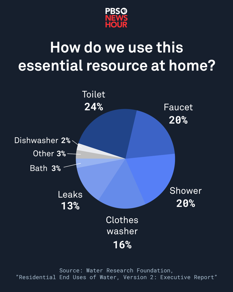 A pie chart titled "How do we use this essential resource at home?" Sections are Toilet (24%), Faucet (20%), Shower (20%), Clothes washer (16%), Leaks (13%), Bath (3%), Dishwasher (2%), Other (3%).
